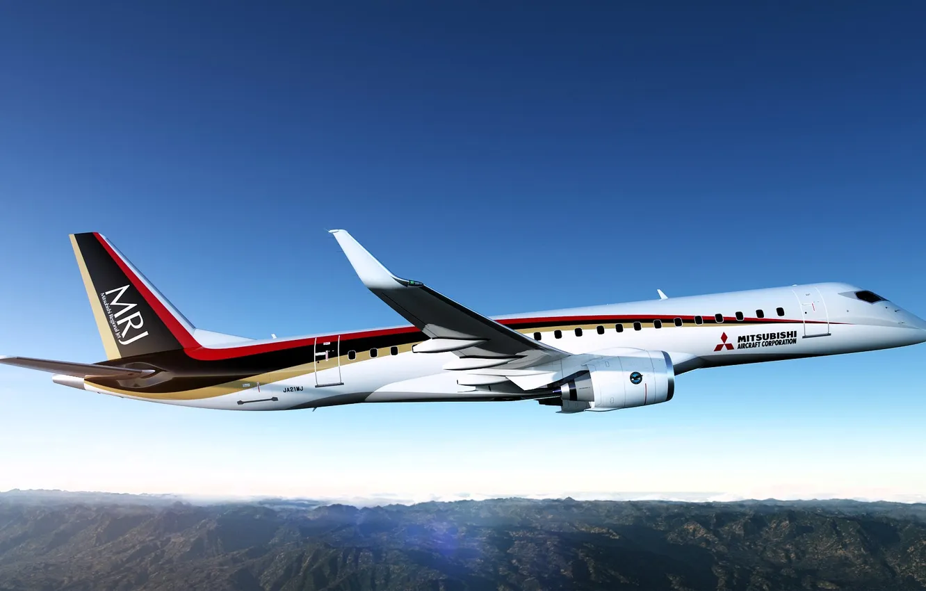 Photo wallpaper the sky, flight, blue, the plane, Airbus Mitsubishi-RJ