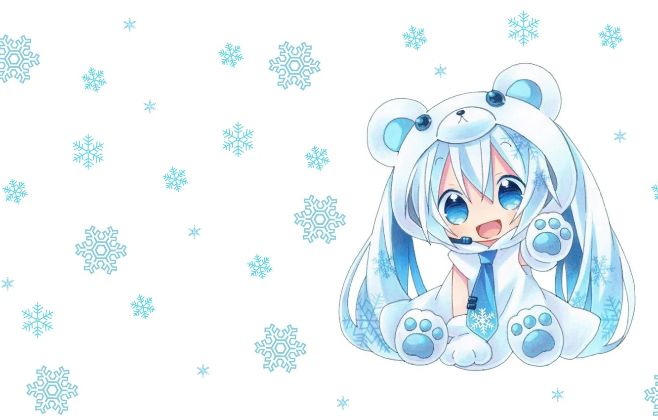 Photo wallpaper anime, art, Chibi, baby, Vocaloid, snowflake, suit, Hatsune
