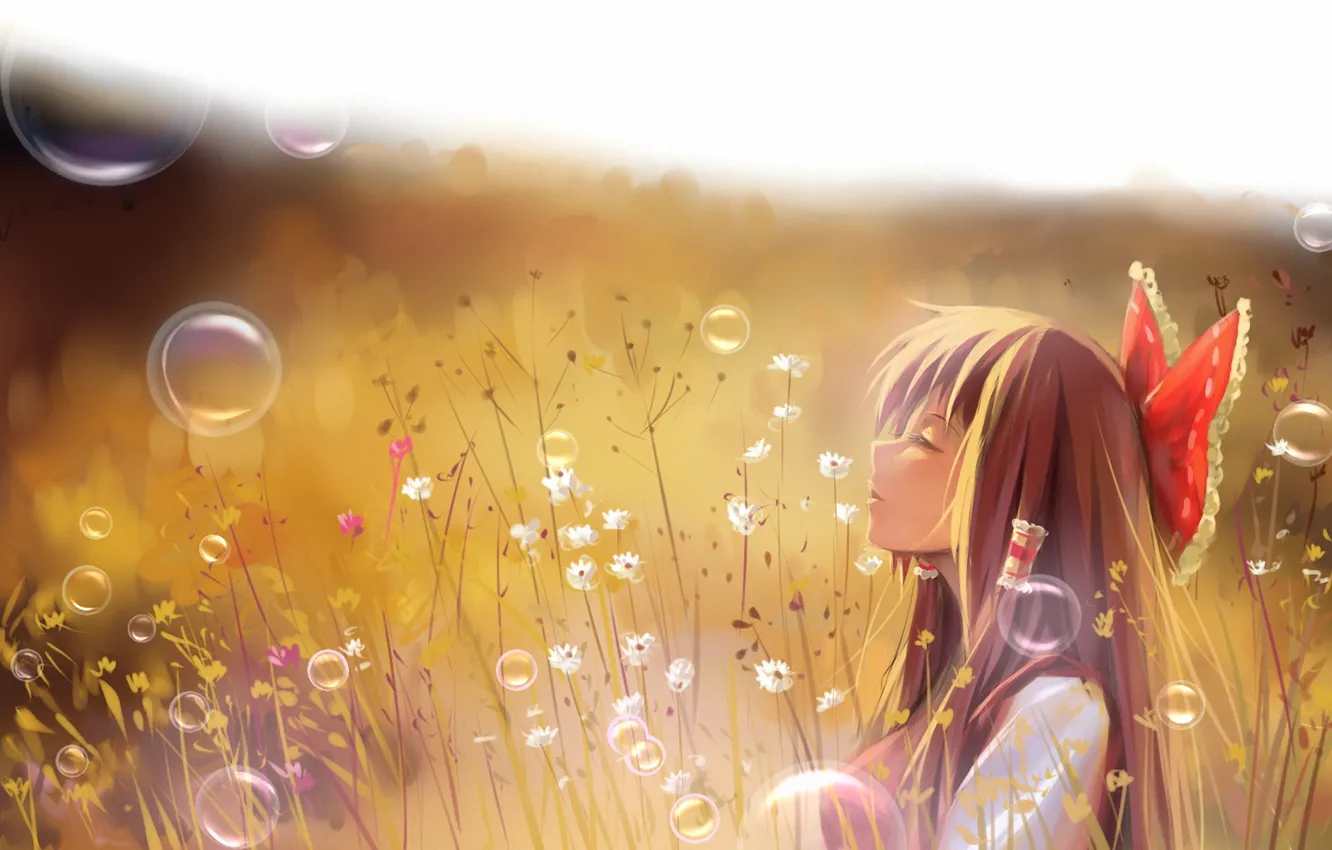 Photo wallpaper field, grass, girl, bubbles, art, profile, touhou, hakurei reimu