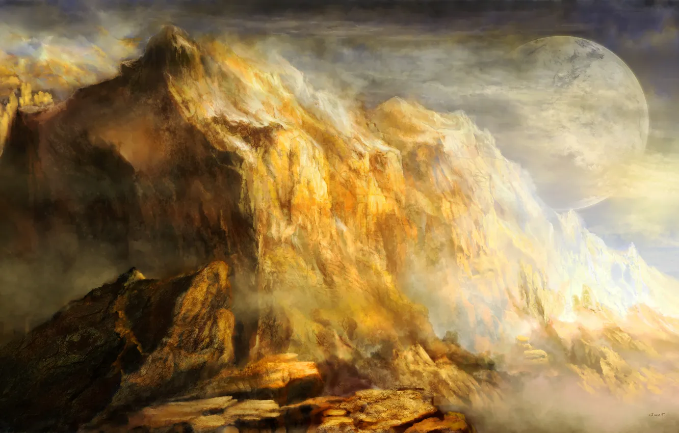 Photo wallpaper clouds, mountains, rocks, planet, satellite, art