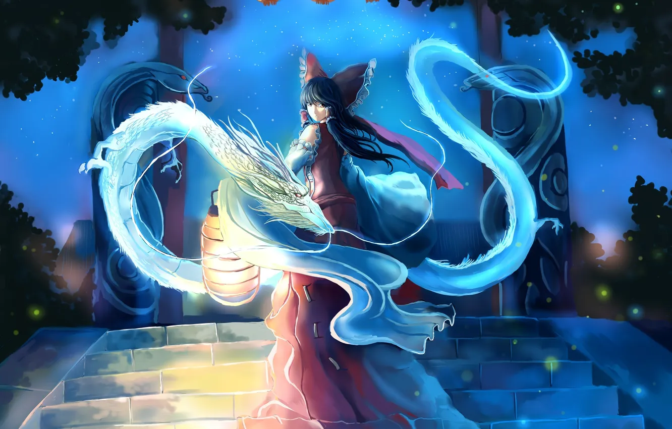 Photo wallpaper look, girl, night, dragon, snake, touhou, art, zen