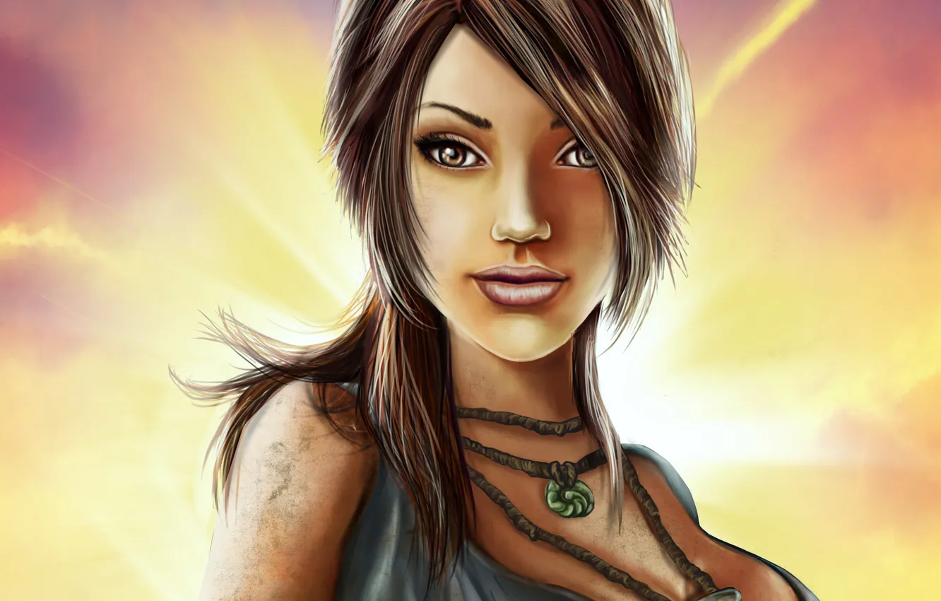 Photo wallpaper eyes, look, girl, the sun, rays, face, background, hair