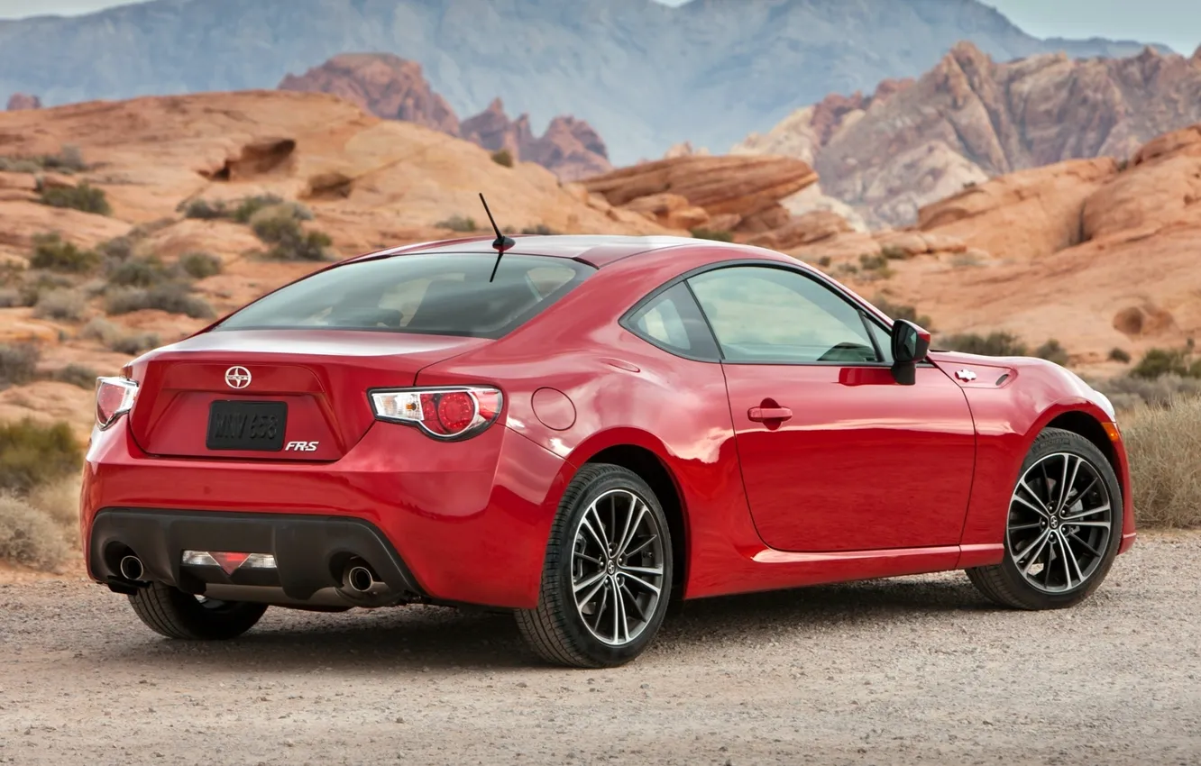 Photo wallpaper red, rocks, sports car, rear view, toyota, gt86, Scion, fr-s