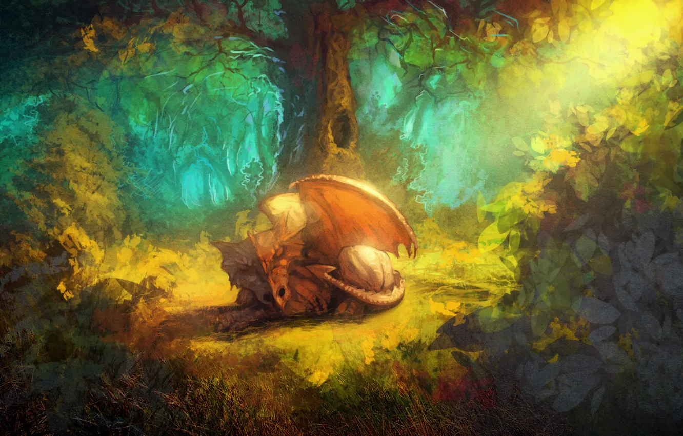 Photo wallpaper forest, trees, dragon, wings, tail, tired, the bushes