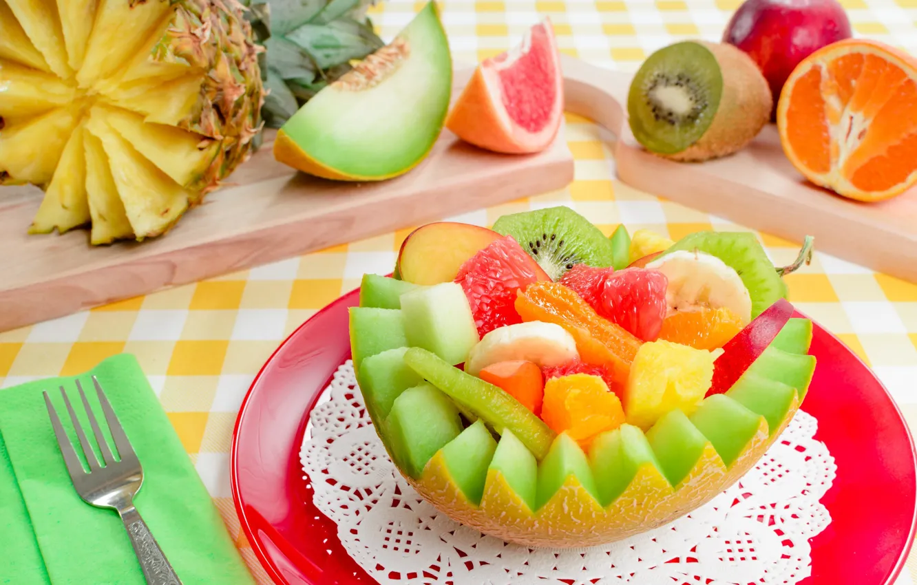 Photo wallpaper Apple, kiwi, plug, banana, melon, fruit salad