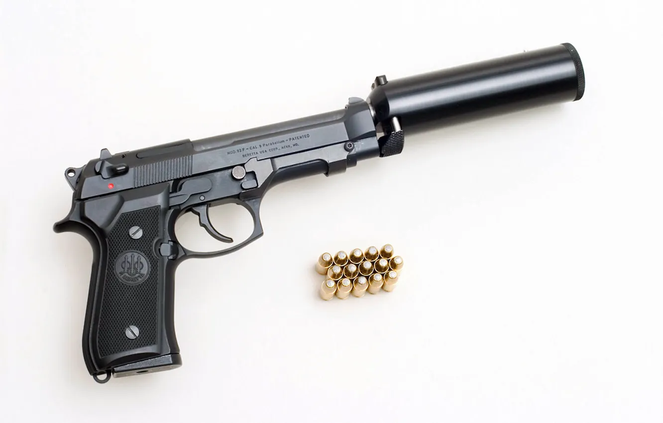 Photo wallpaper Gun, cartridges, muffler, Beretta 92F
