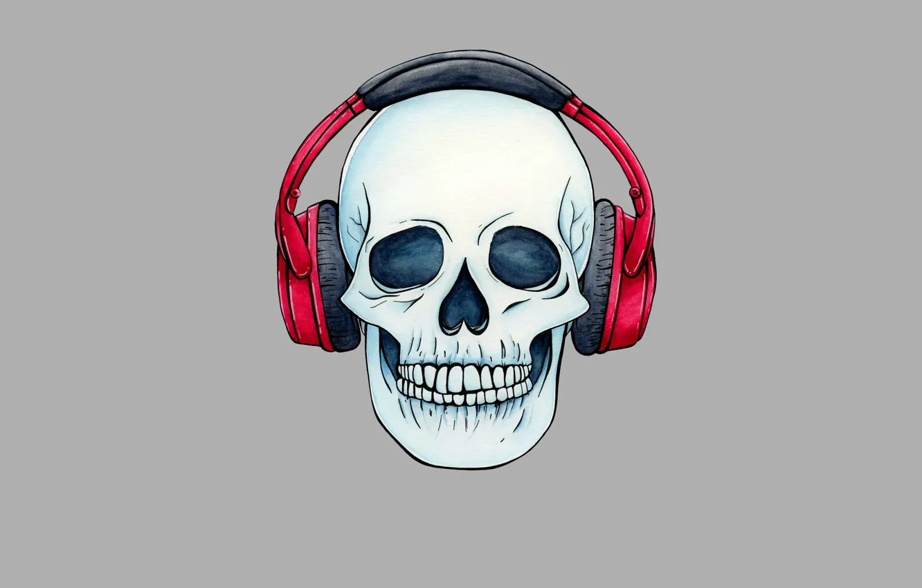 Photo wallpaper skull, minimalism, head, headphones, skeleton, sake