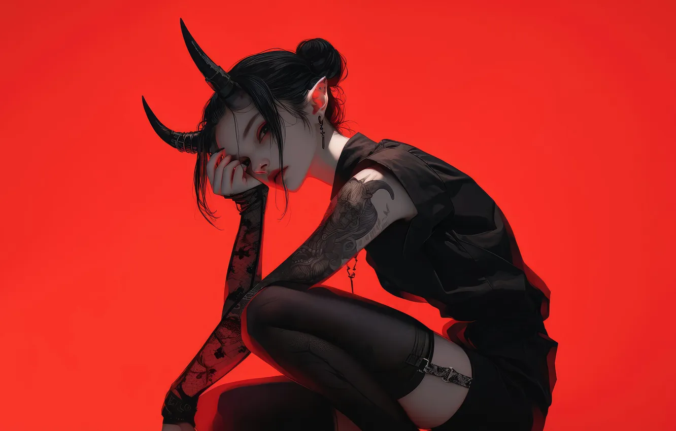 Photo wallpaper tattoo, anime girls, red background, horn, demon girl