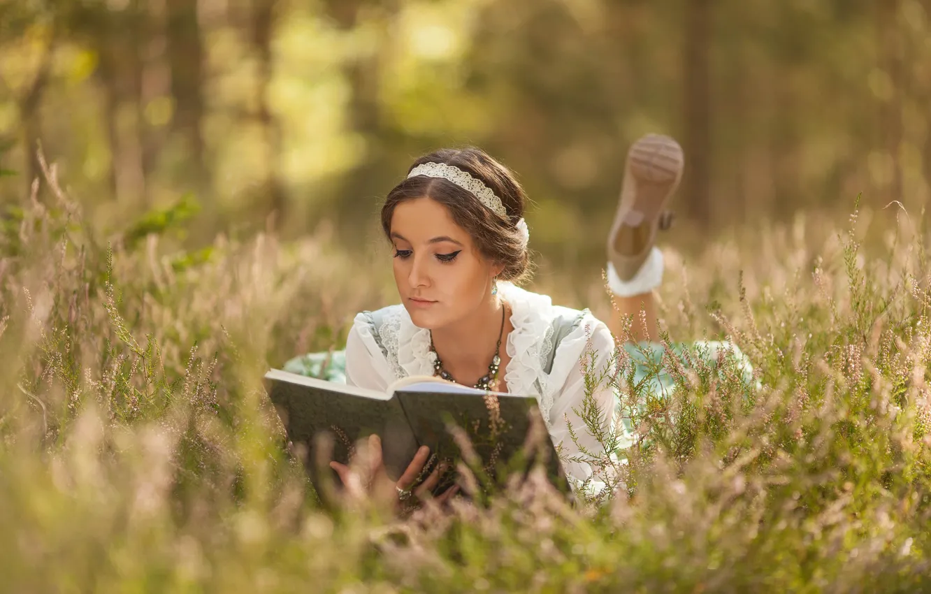 Photo wallpaper girl, mood, the situation, book, reading, Heather
