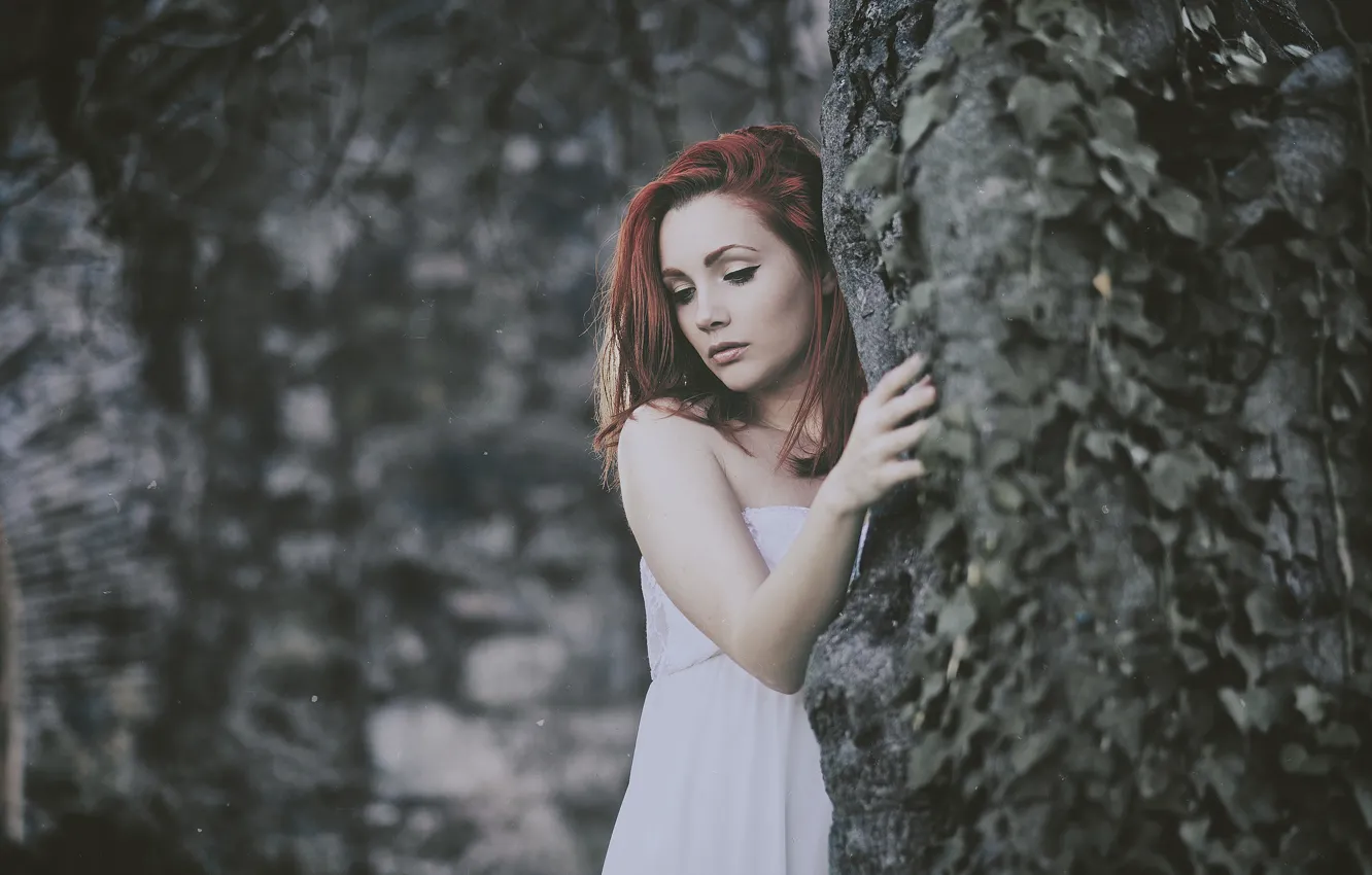 Photo wallpaper girl, trees, hair, dress, brown hair