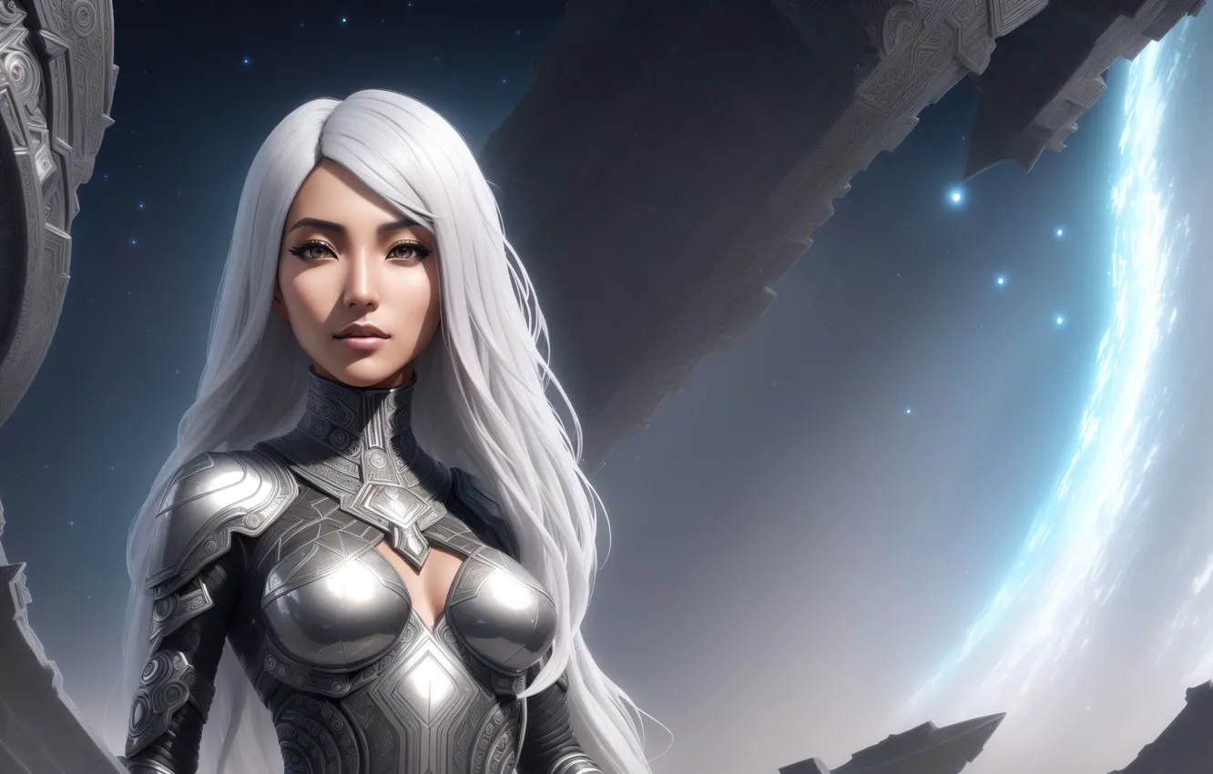 Photo wallpaper space, girl, fantasy, armor, art, Future, blond, digital art