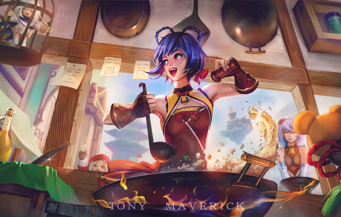 Photo wallpaper girl, children, cooking, Genshin Impact, Ganyu, Xiangling, Paimon, Clover