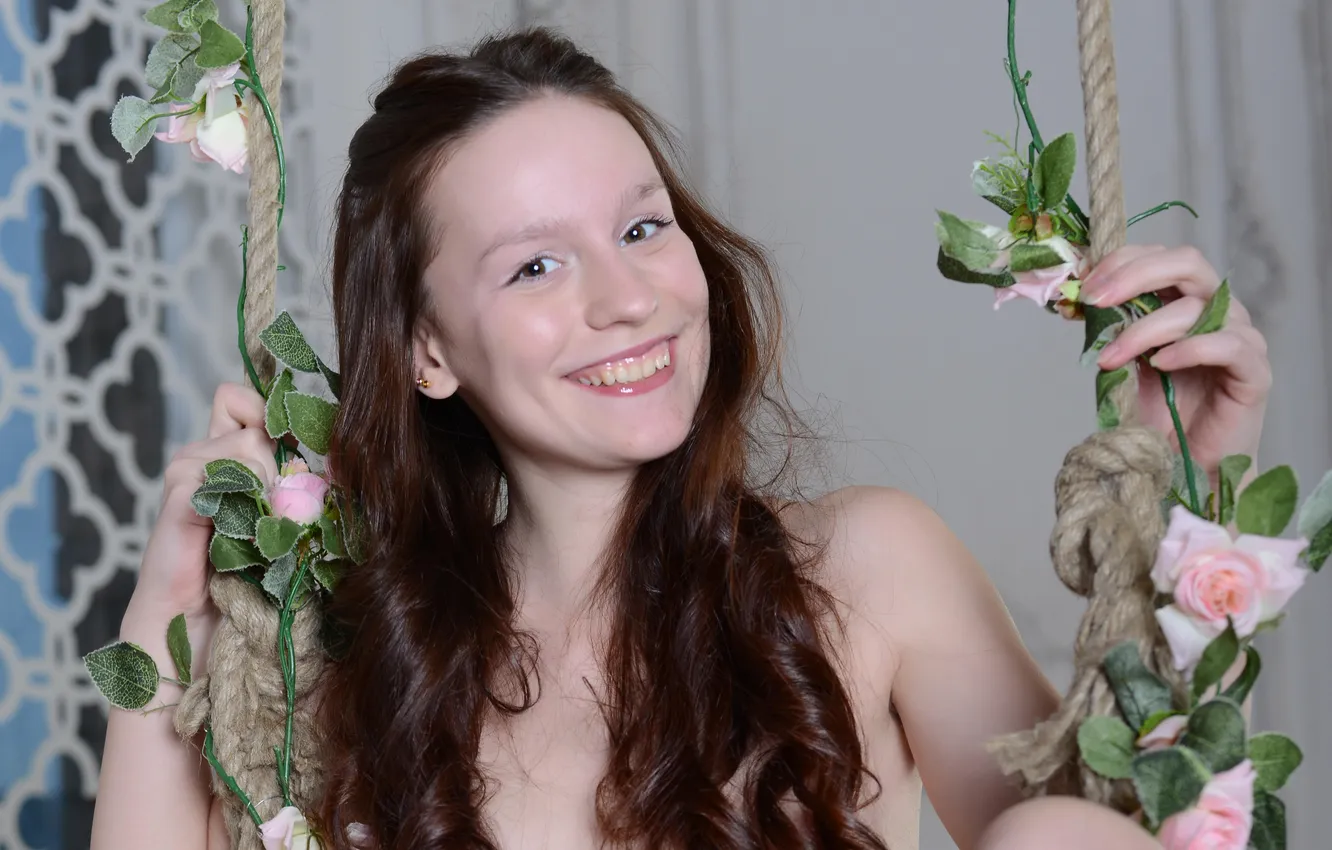 Photo wallpaper girl, sexy, long hair, smile, flowers, beautiful, pretty, lips