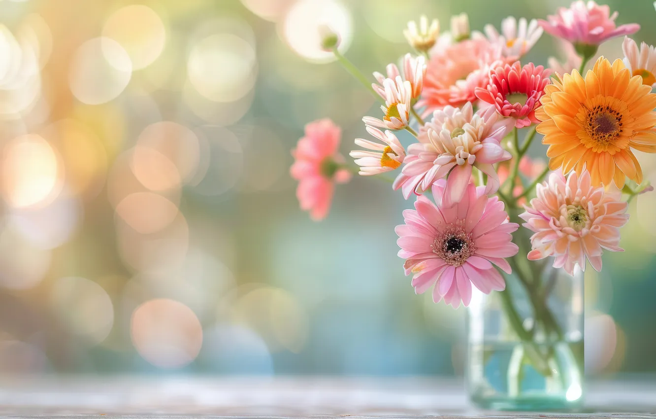 Photo wallpaper light, flowers, orange, bouquet, Bank, pink, gerbera, different