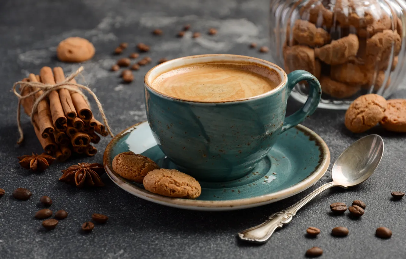 Photo wallpaper coffee, cookies, cinnamon, spices