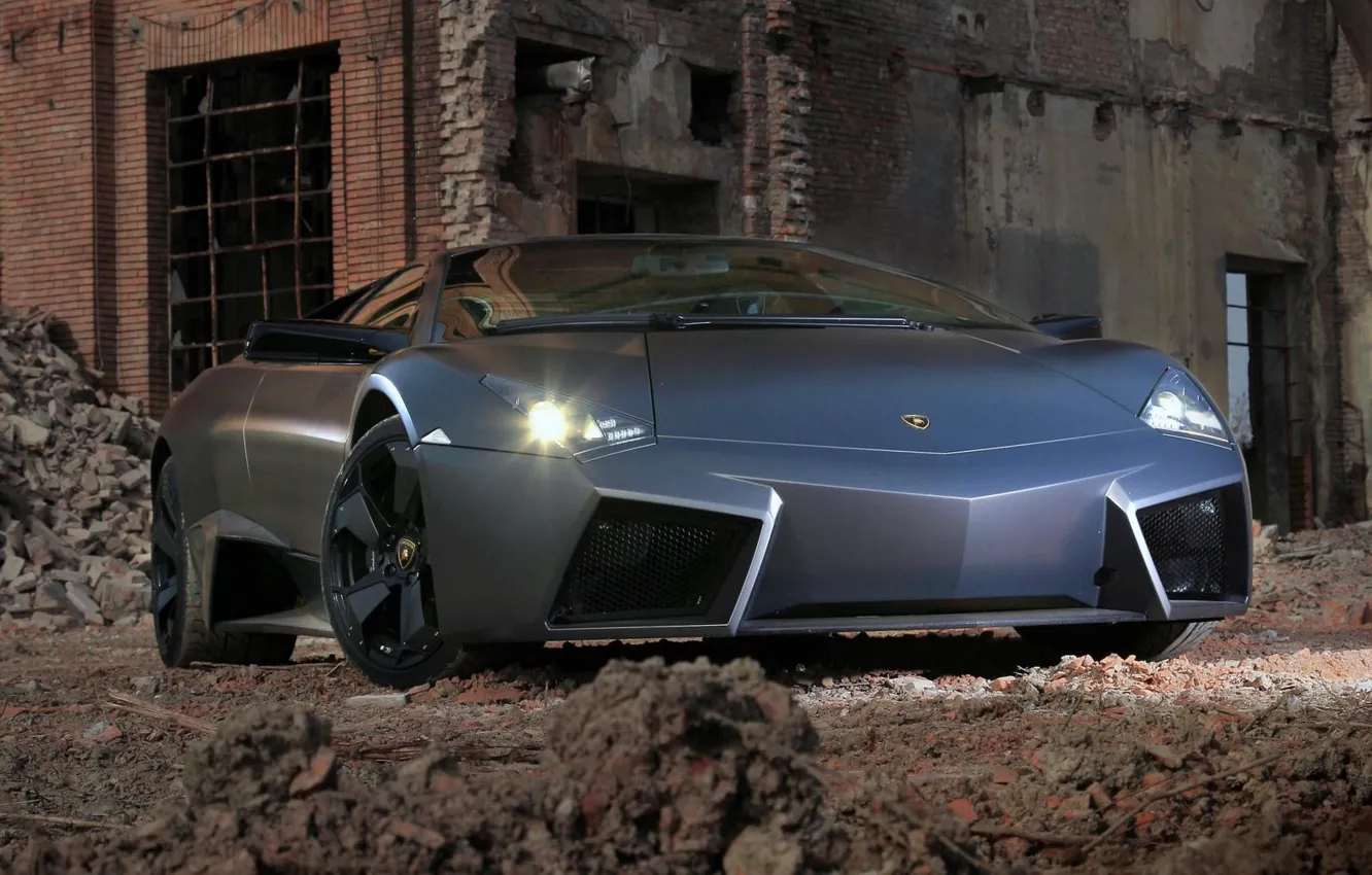 Photo wallpaper black, the ruins, lamborghini, front view, reverton