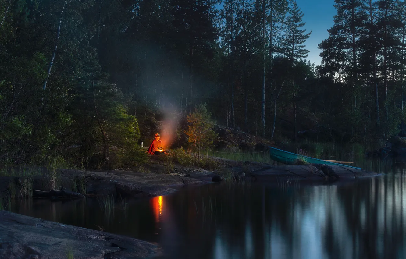 Photo wallpaper forest, girl, night, lake, shore, boat, people, the fire