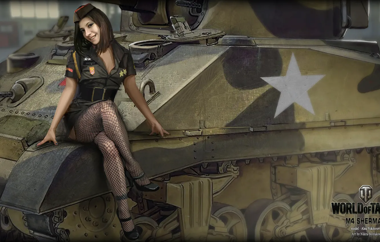 Photo wallpaper girl, brunette, tank, girl, America, tanks, WoT, World of tanks