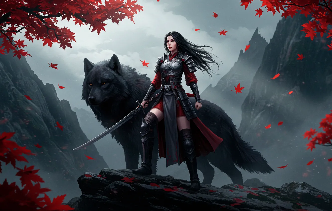 Photo wallpaper mountains, art, Wallpaper, art, girl, figure, trees, girl