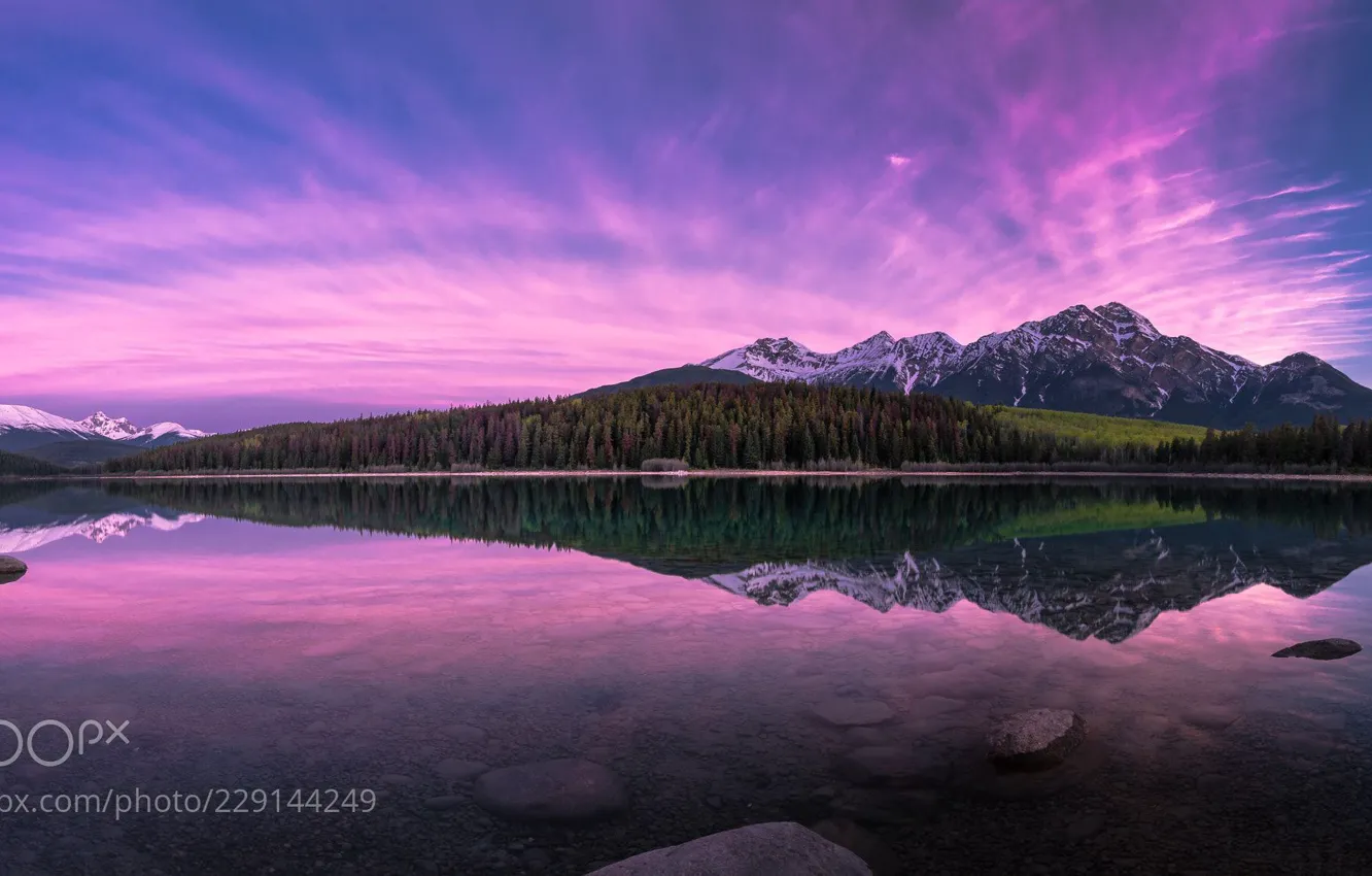 Photo wallpaper mountains, lake, reflection, stones, purple