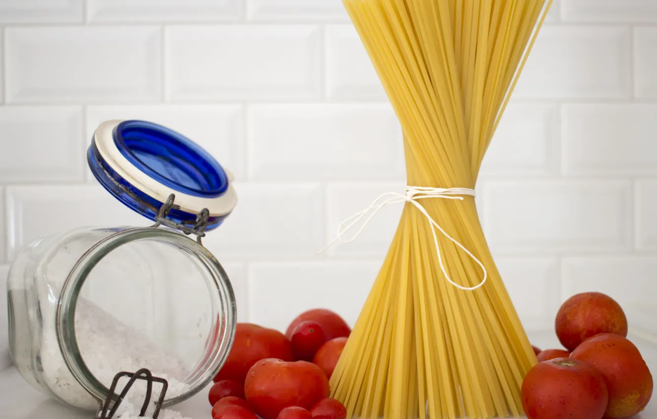Photo wallpaper tomatoes, pasta, spaghetti, food, salt, bouquet