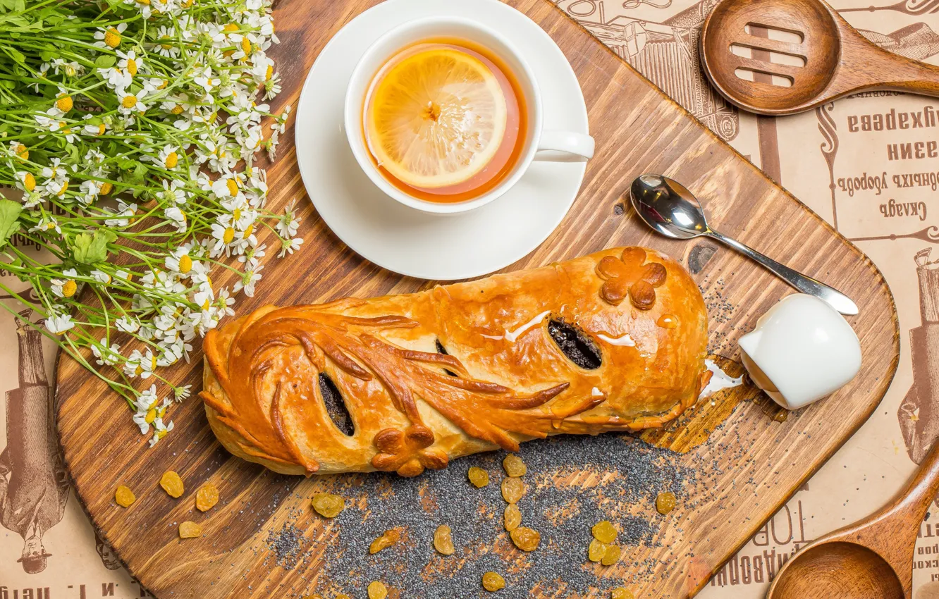 Photo wallpaper lemon, tea, Mac, chamomile, honey, cakes, raisins, strudel