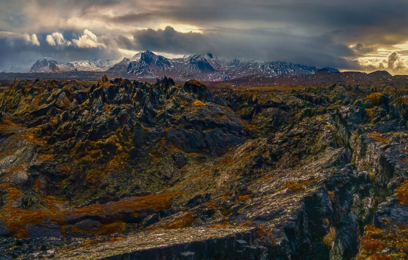 Photo wallpaper the sky, clouds, mountains, stones, rocks, beauty, the Majesty of nature, picturesque landscape