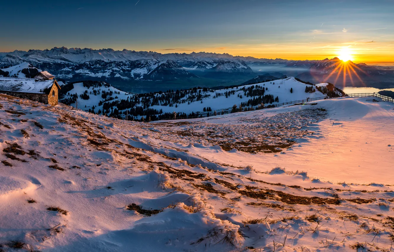 Photo wallpaper the sun, snow, landscape, mountains, Switzerland, Switzerland