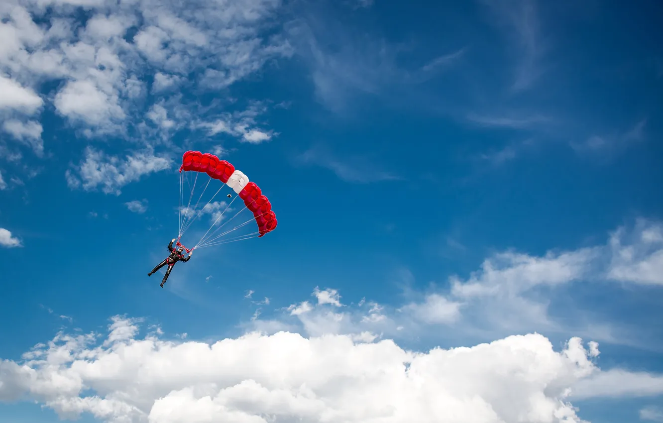Photo wallpaper the sky, the sun, clouds, sport, parachute, costume, athlete, skydiving