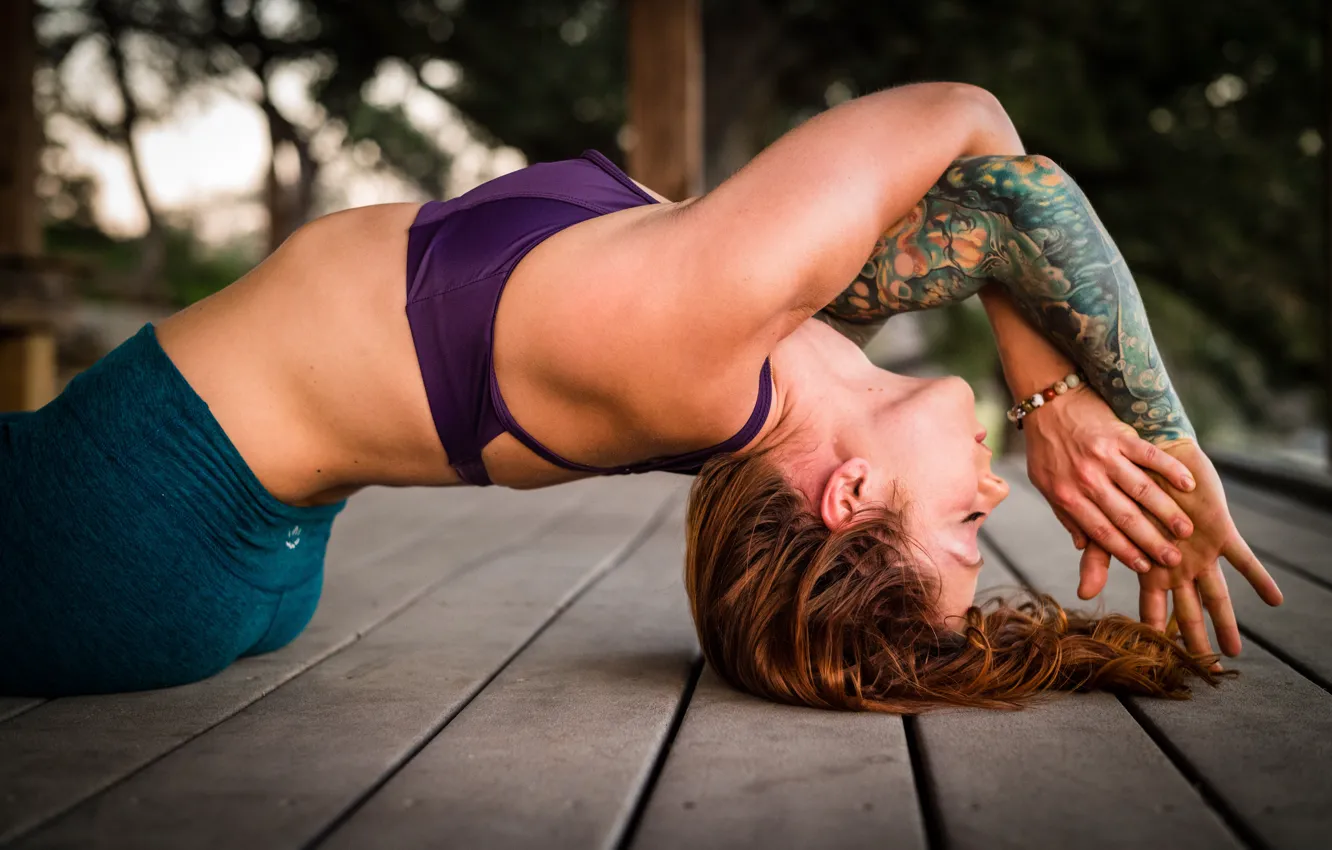 Photo wallpaper woman, tattoo, floor, yoga