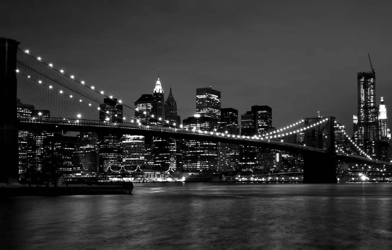 Photo wallpaper city, road, evening, Brooklyn Bridge, building, The Bridge