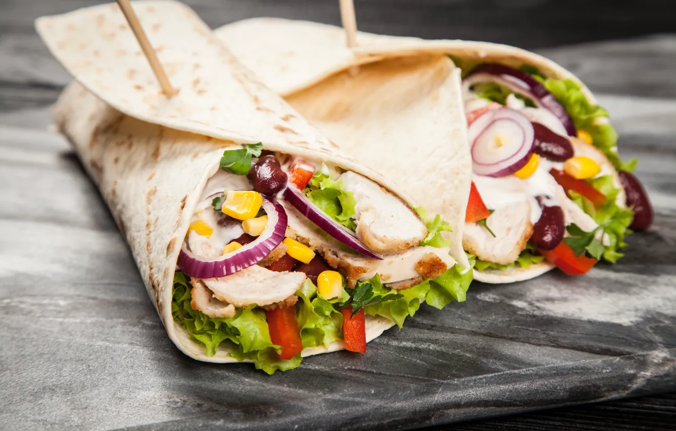 Photo wallpaper bow, meat, vegetables, food, Mexican, pita, pellet, tortillla