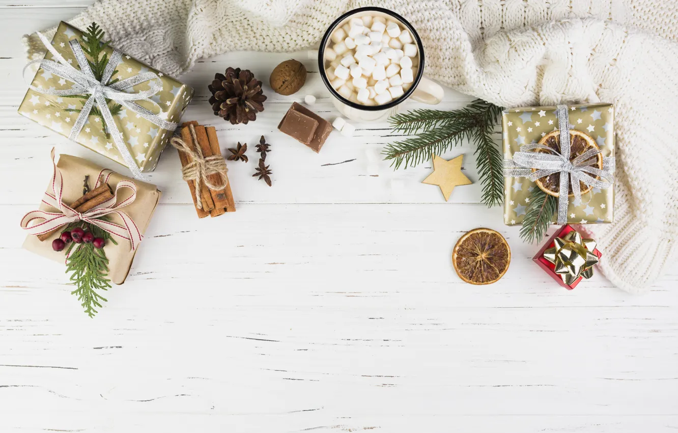 Photo wallpaper holiday, gift, new year, hot, chocolate, star, cinnamon, wood