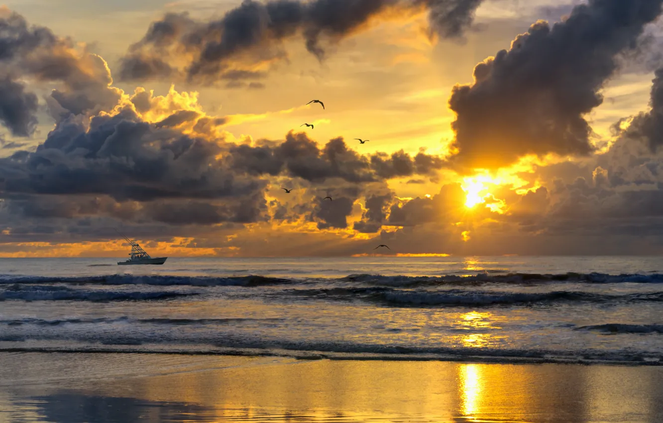 Photo wallpaper sea, landscape, sunset, ship