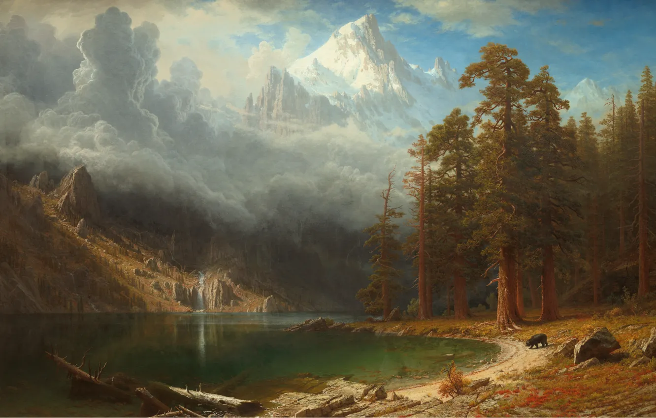 Photo wallpaper mountains, shore, pond, Albert Bierstadt, Mount Corcoran