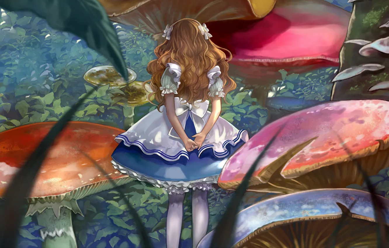 Photo wallpaper mushrooms, Alice, girl, bows, Alice in Wonderland, Alice