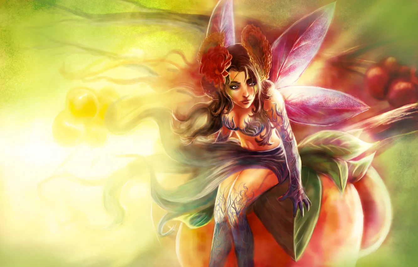 Photo wallpaper girl, flowers, wings, fairy, art, sitting, art