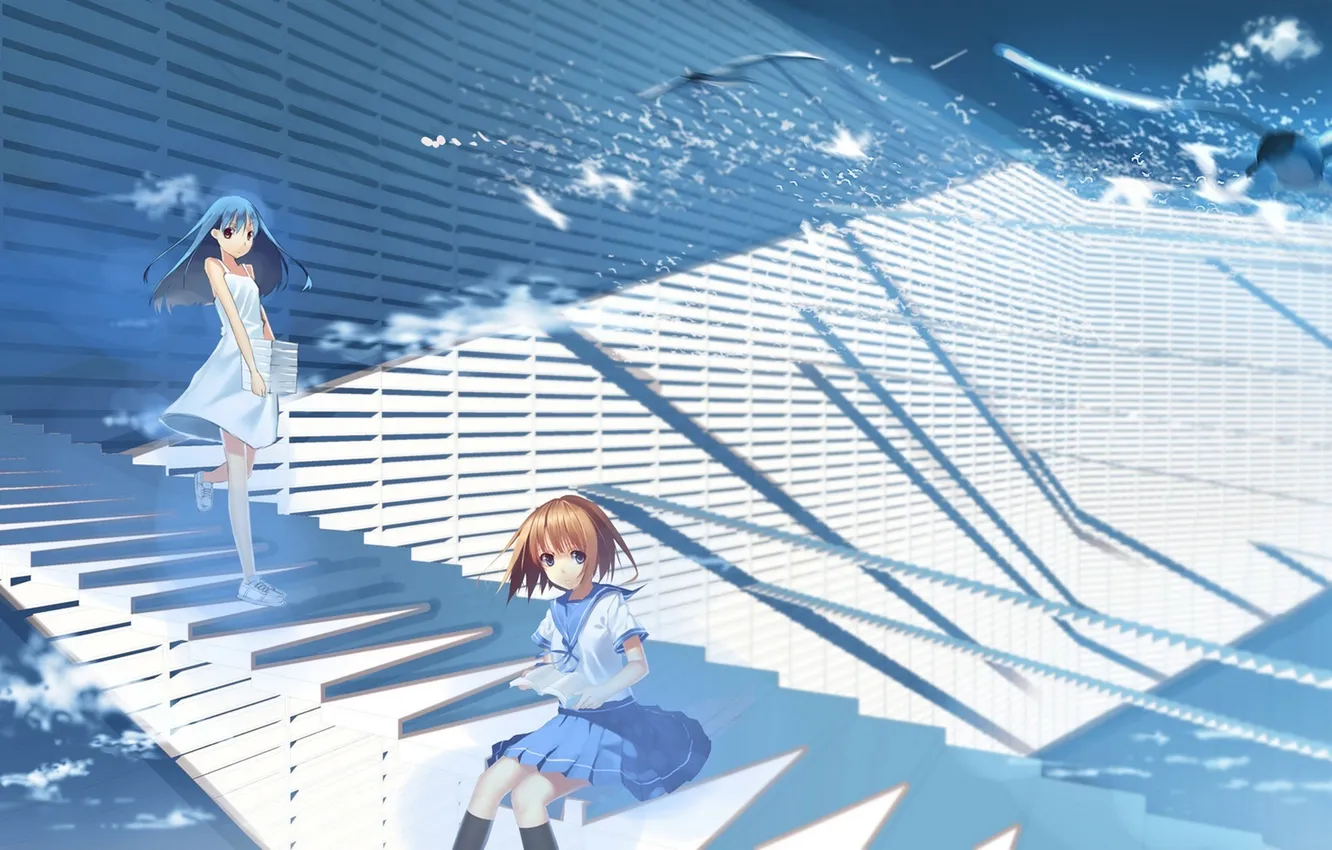 Photo wallpaper the sky, girl, clouds, bird, seagulls, anime, art, ladder