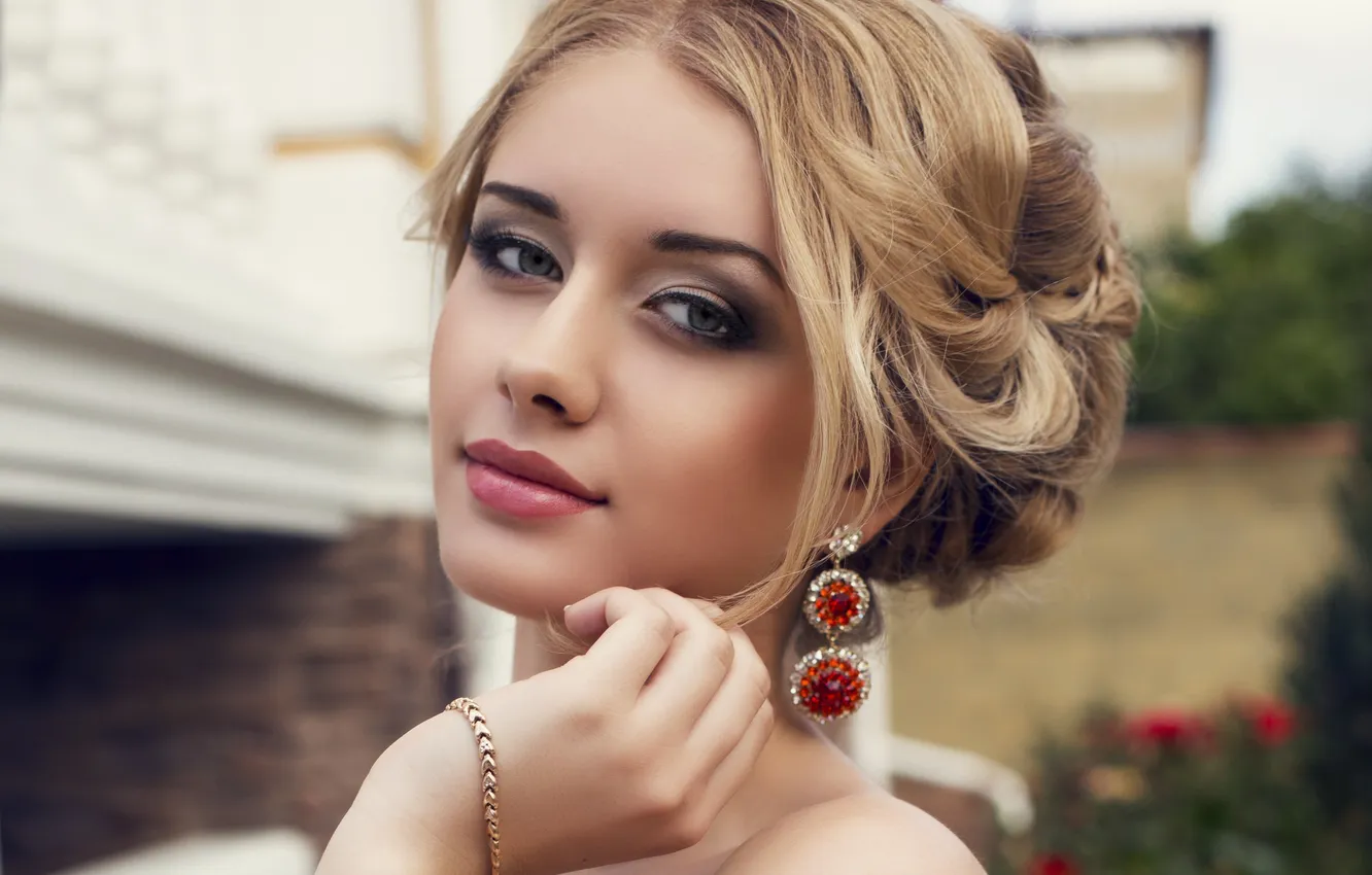 Photo wallpaper look, girl, background, earrings, makeup, hairstyle, blonde, lips