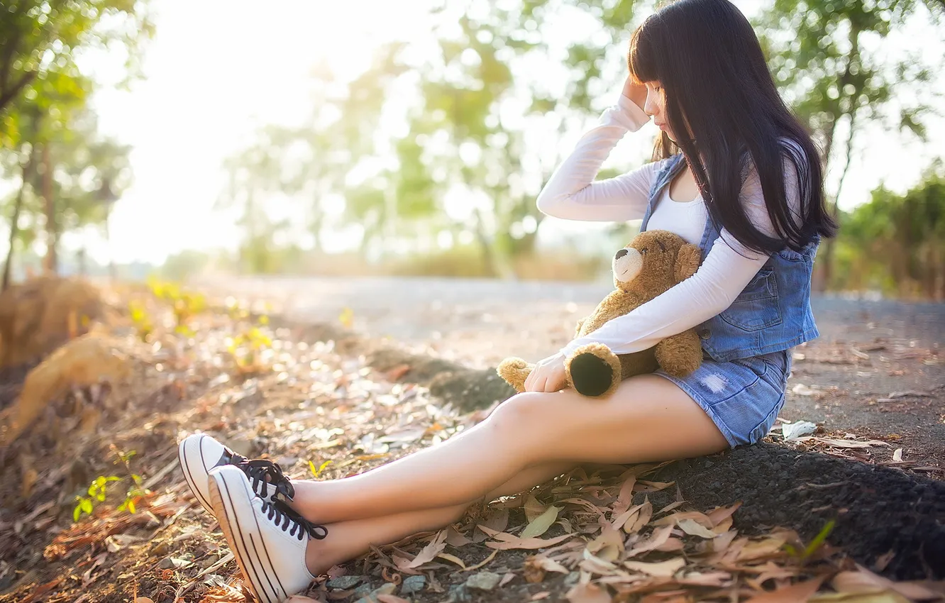 Photo wallpaper road, girl, mood, bear