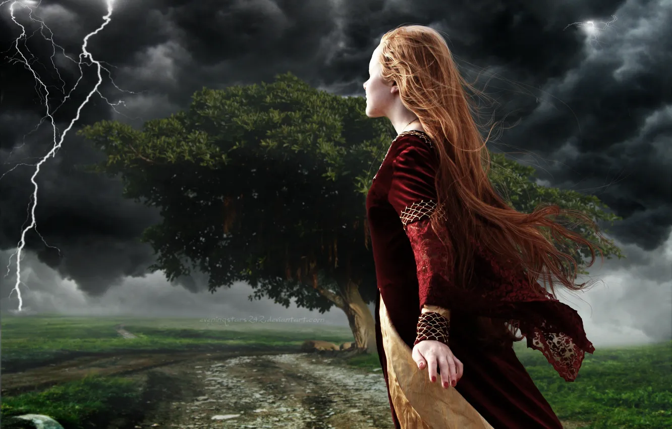 Photo wallpaper girl, trees, storm, nature, lightning, dress, the middle ages