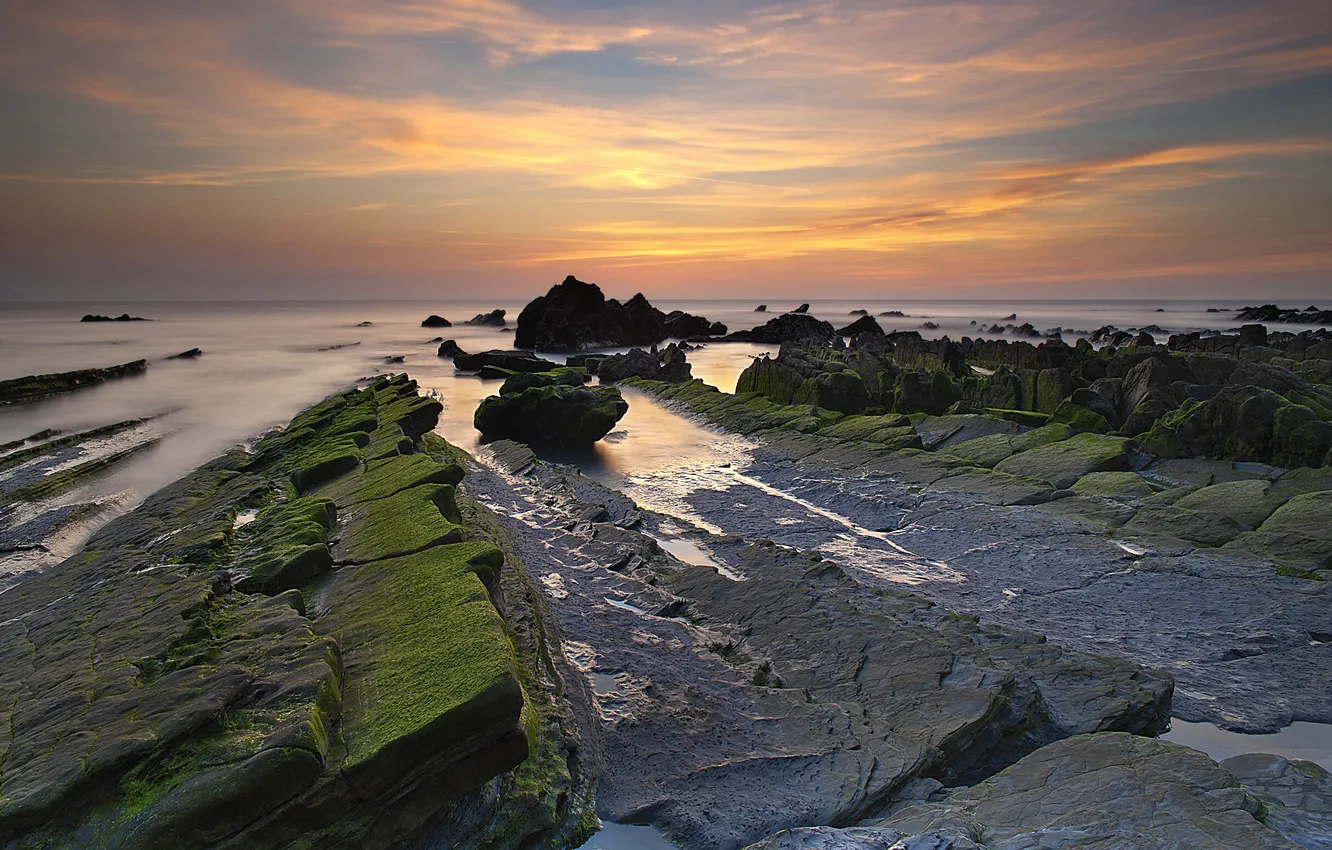 Photo wallpaper sea, landscape, sunset, rocks