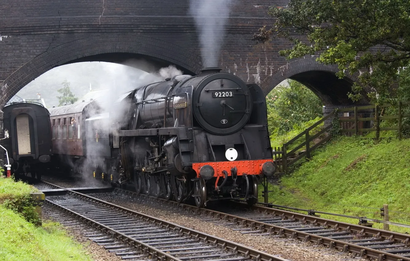 Photo wallpaper road, bridge, smoke, rails, the engine, pipe, arch, iron