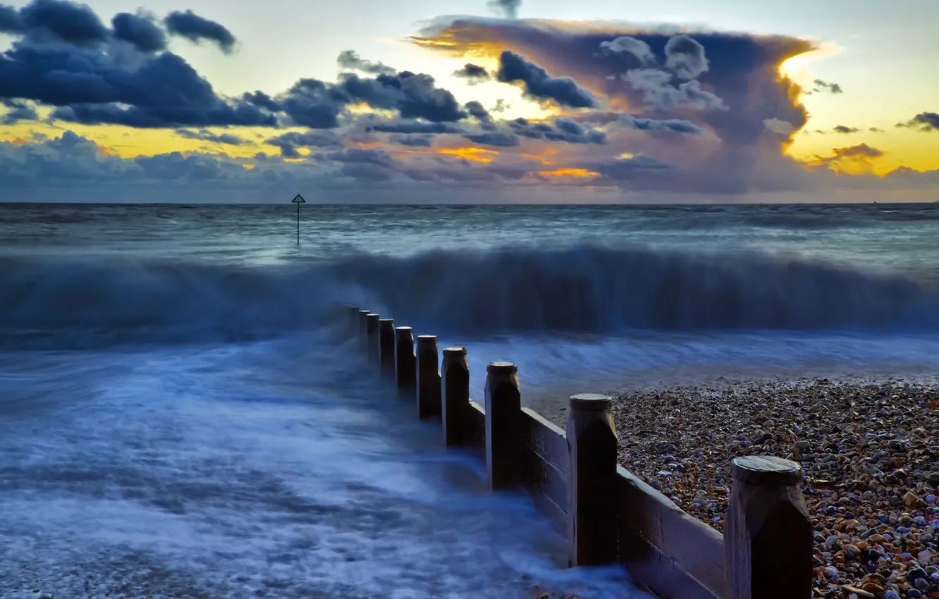Photo wallpaper wave, water, clouds, shore, the fence