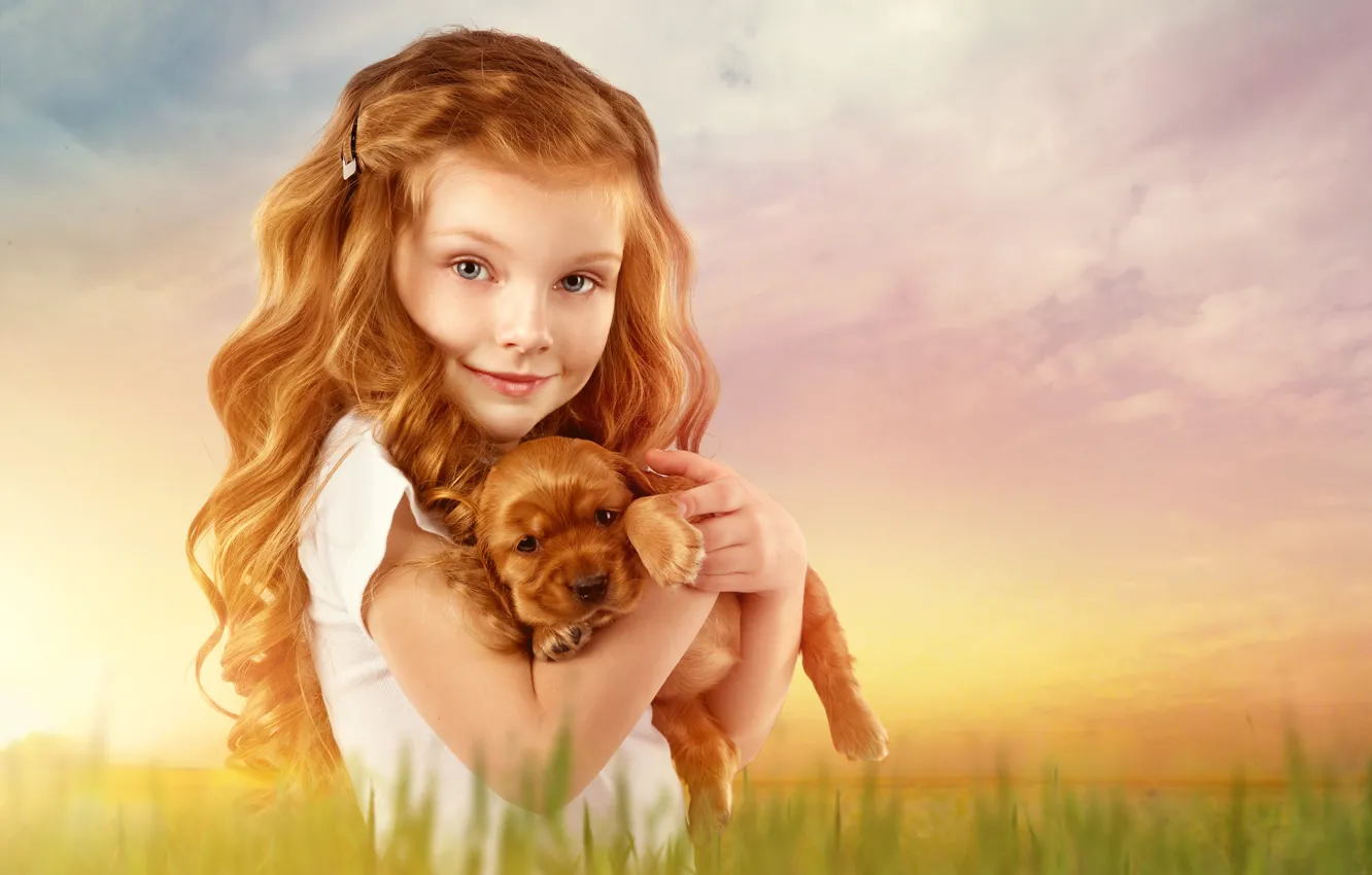 Photo wallpaper background, hair, child, girl, puppy, red