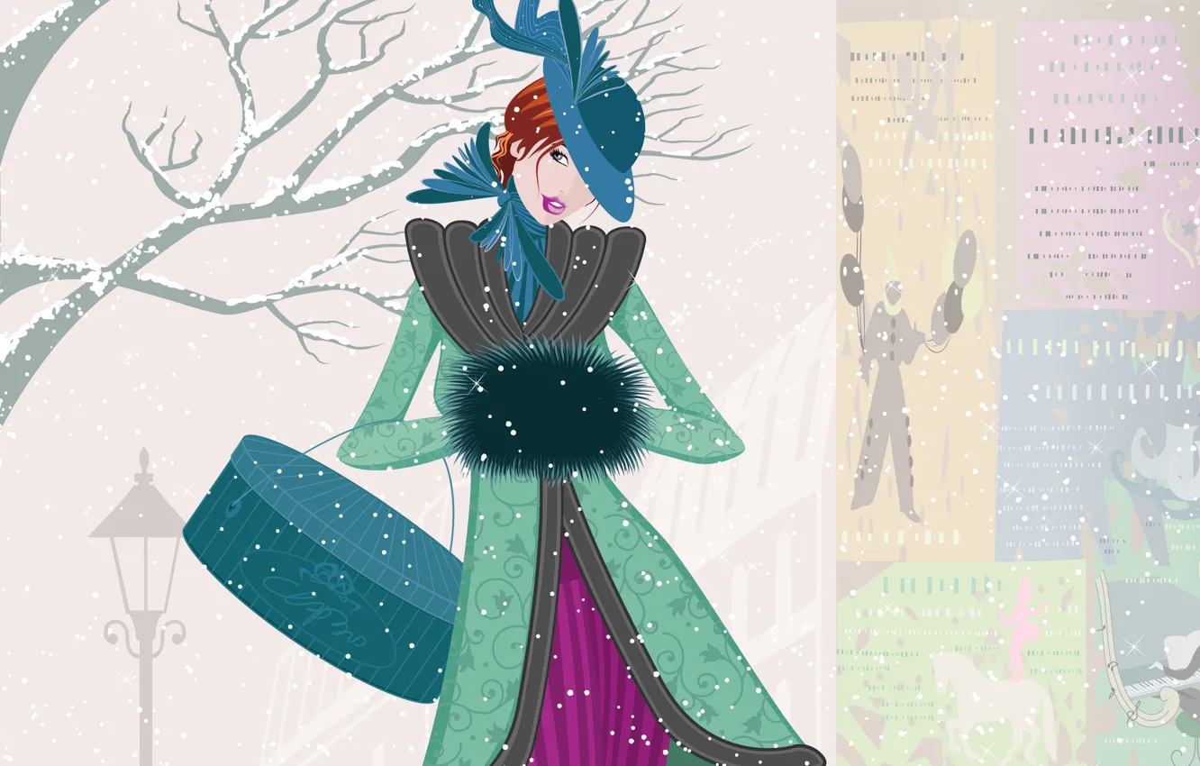 Photo wallpaper winter, look, girl, snow, vector, hat, coat, vintage