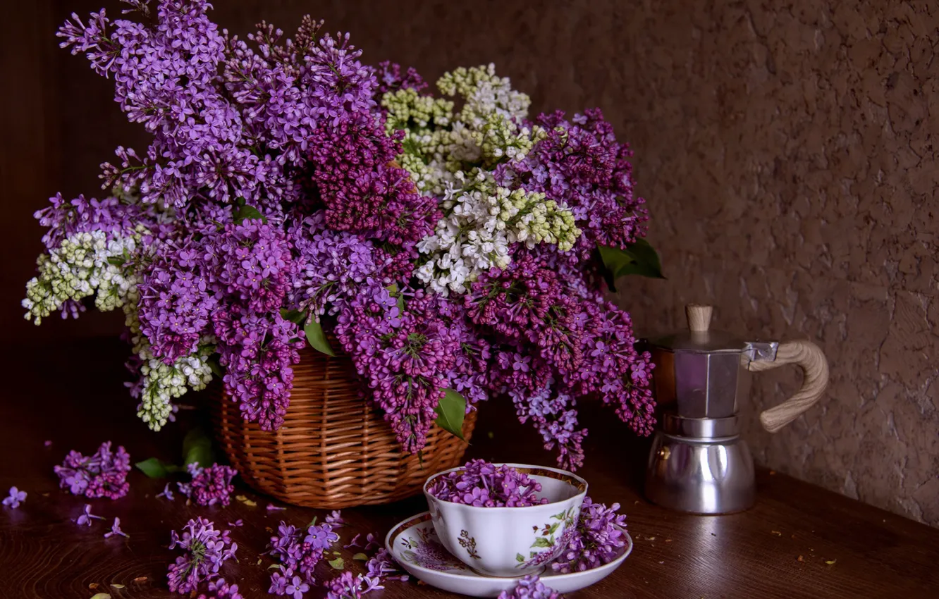 Photo wallpaper style, bouquet, mug, Cup, basket, lilac, coffee pot, Elena Kutsenko