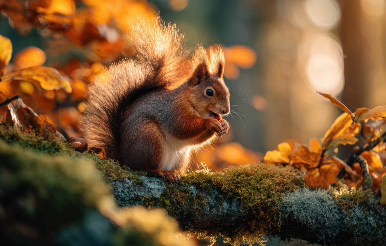 Photo wallpaper autumn, light, nature, foliage, moss, protein, red, sitting