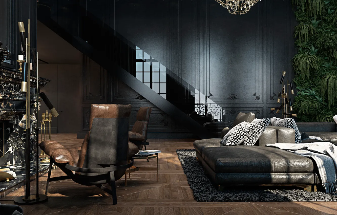 Photo wallpaper design, sofa, interior, chair, fireplace, living room