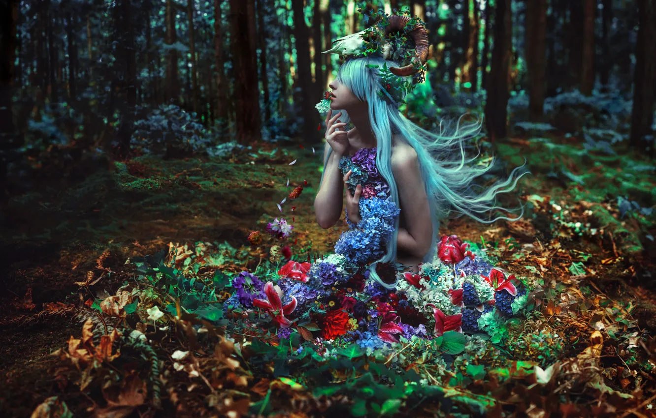 Photo wallpaper forest, girl, flowers, style, fantasy, image, nymph, photoart